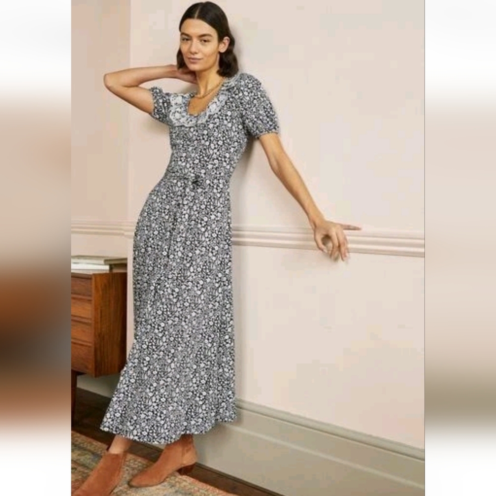 Boden Midi Dress Trim Eyelet Embroidered Navy Blue White Cottagecore Pockets 4